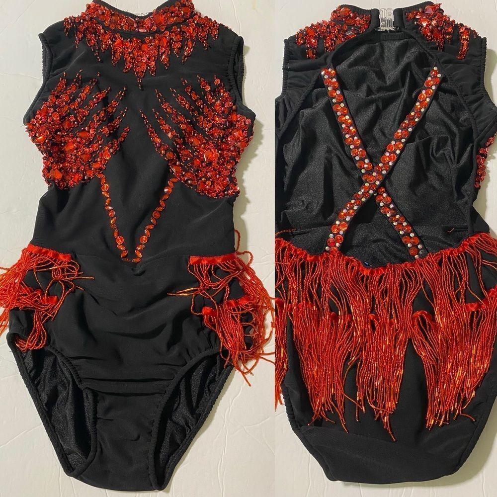 Glamour solo dance costume leotard red black embellished rhinestonesd SA adult